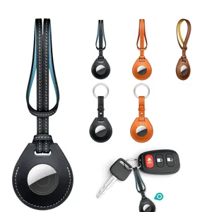 Premium leather loop and keyring protective case designed for Apple AirTag tracking device.