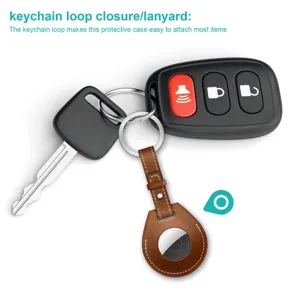 Protective leather case with keychain loop designed for Apple AirTag tracking device.