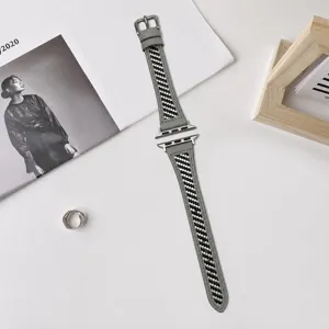 Bracelet de montre en cuir véritable gris noir compatible Apple Watch avec design twill.