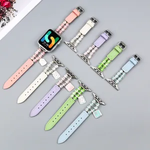 Bracelet de Montre en Cuir Piécé Pendentif Perles Œil de Chat Fin Bracelet de Rechange Pour Smartwatch Accessoire de Mode