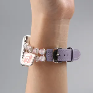 Bracelet de montre en cuir de rechange elegante avec breloque perles rose Apple Watch