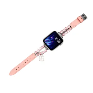 Bracelet de montre en cuir rose et perles compatible Apple Watch, laniere elegante.