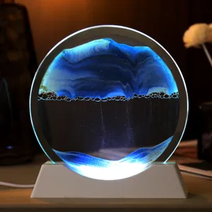 Luminous moving sand art picture ornament, round glass quicksand desktop home decor light.