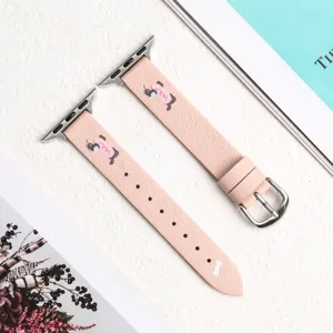 Pink leather replacement watch strap compatible with Apple Watch, featuring cute dachshund print.