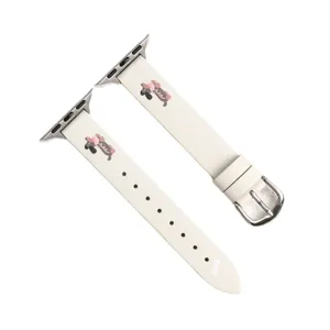 White Leather Apple Watch Strap Featuring Cute Dachshund Print Compatible iWatch Band