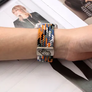 Elastic nylon braided magnetic Apple Watch strap with cute cat metal buckle for daily wear.