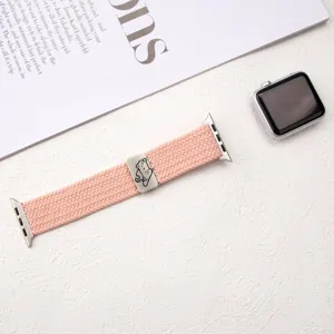 Elastic nylon braided watch band for Apple Watch with cute cat metal charm pink.
