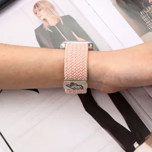 Pink braided nylon solo loop watch band with magnetic metal buckle for apple smart watch.
