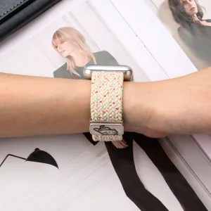 Elastic nylon braided watch strap with cute cat magnetic clasp for smartwatches, comfortable.