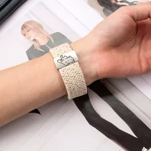 Elastic braided nylon strap for Apple Watch with cute cat metal magnetic clasp design detail