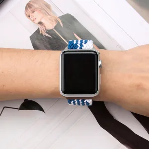Braided nylon elastic watch strap compatible with Apple Watch, comfortable daily wear replacement band.