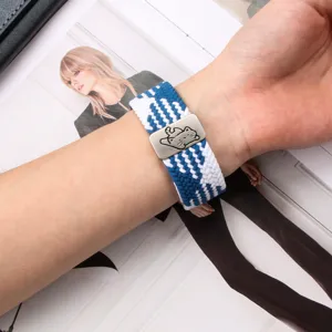 Elastic nylon woven watch band with cute cat metal buckle for Apple Watch series.