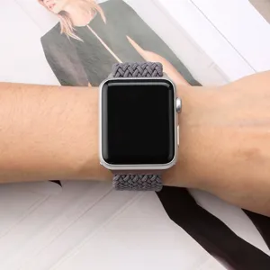 Detailed view of the grey braided solo loop watch band worn on wrist for smart watch.