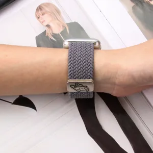 Woven elastic nylon strap for Apple Watch with magnetic metal buckle and cute cat charm.