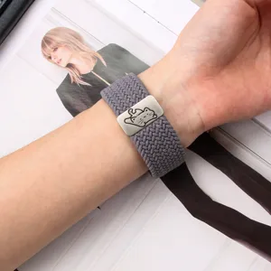 Elastic nylon braided watch strap with cute cat metal buckle for Apple Watch replacement.