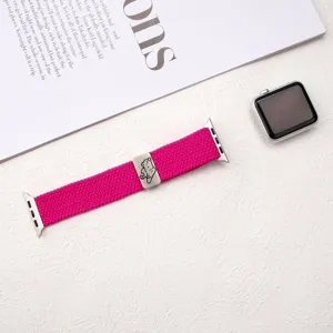 Elastic woven nylon watch band with cute cat charm for Apple Watch detail display.