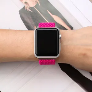 Vibrant pink elastic nylon braided solo loop watch strap compatible with Apple Watch.