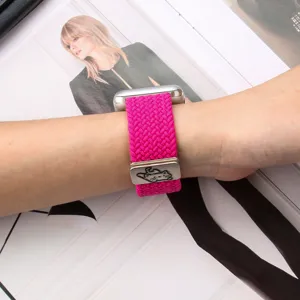 Elastic nylon braided strap for Apple Watch with magnetic metal buckle and cute cat design.