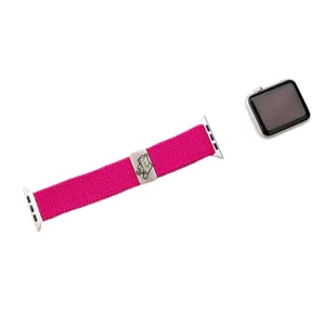 Elastic nylon braided magnetic watch band compatible with Apple Watch featuring a cute cat charm.