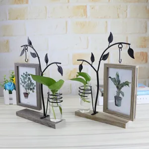 Detailed shot of creative hydroponic hanging double sided photo frame desktop wooden ornament.