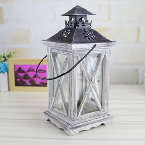 Vintage wooden candle lantern rustic home decor tabletop wind light with metal roof and glass windows