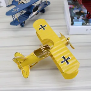 Vintage handmade iron biplane model retro airplane desk decor yellow craft ornament