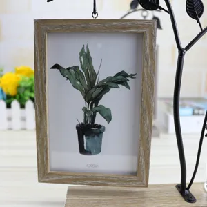 Wooden hanging photo frame with iron stand, 4x6 inch double sided display desktop decor item.