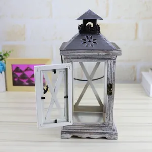Vintage wooden candle lantern detail shot, rustic glass decorative ornament for home decor.