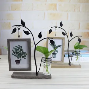 Creative wooden photo frame with glass hydroponic vase desktop decoration display stand