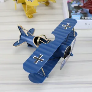 Vintage handmade iron biplane model retro blue aircraft ornament for home decor tabletop
