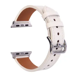 White genuine leather replacement watch strap compatible with Apple Watch, luxury style band.