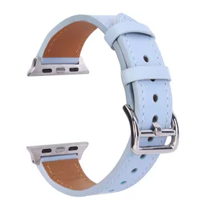 Light blue genuine leather watch band detail view, perfectly compatible with Apple Watch.
