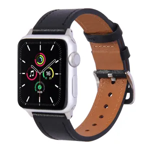 Genuine leather watch strap compatible with Apple Watch, black and brown dual color design.