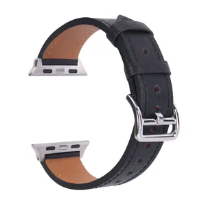 Detail view of black genuine leather watch band replacement compatible with smartwatches.