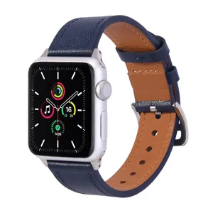 Premium blue genuine leather watch strap compatible with smartwatches, stylish business accessory.