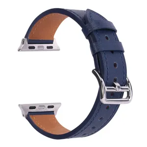 Blue leather watch band replacement strap compatible with Apple Watch series, premium style.