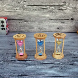 Wooden 3-minute hourglass timer with colorful sand, desktop decorative ornament for home office gift.