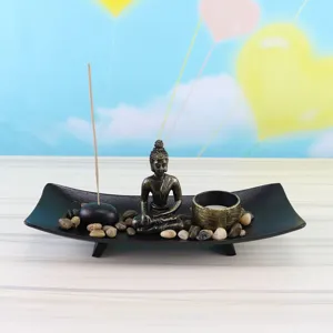 Zen Buddha incense burner set resin ornament for home decor meditation aromatherapy candle holder tray.