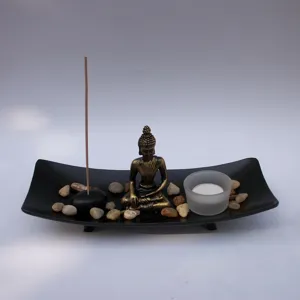 Zen Buddha incense burner set detail showcasing tray and tealight candle holder ornament