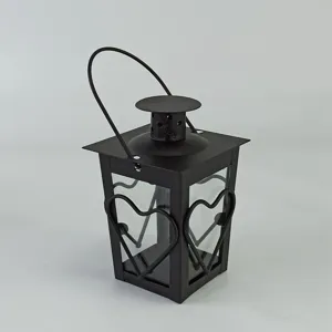 Black iron candle lantern with glass panels and heart wire design for home decor wedding