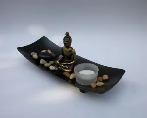 Zen Buddha candle holder set with black tray stones and glass tealight for home decor relax
