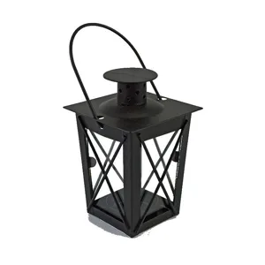 Black metal Moroccan lantern candle holder with handle and vintage cross wire decor for home.