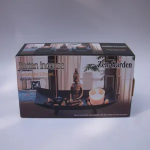 Detailed view of resin Buddha statue incense burner set with zen garden tray for home decor.
