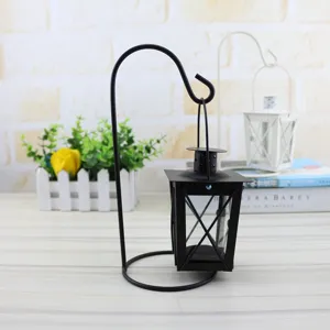 Black iron candle holder with stand Moroccan wind lamp vintage home decor tabletop ornament.