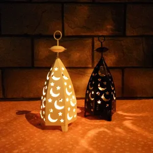 Vintage Hollow Star Moon Iron Candle Holder Retro Metal Lantern Tabletop Decor Lamp