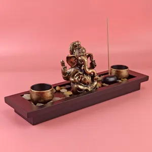 Ganesha incense burner set with wooden tray, Indian style elephant god home decor ornament.