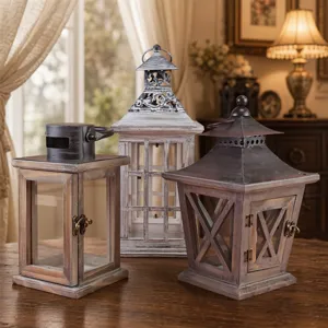 Portacandela in Legno Retro Stile Europeo Luce del Vento Finestra in Vetro Scrivania Ornamento Artigianale Decorazione Casa