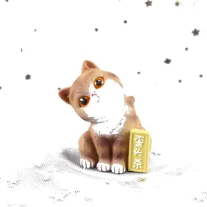 Cute resin cat figurine tilting head with sign, perfect desktop and car interior decor.