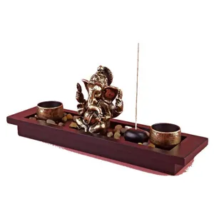 Indian style Ganesha incense burner set with wood tray, candle holders and decor stones.