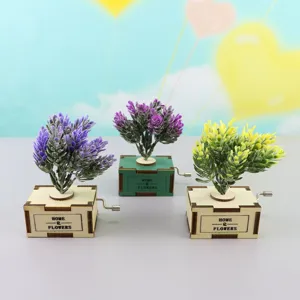 Hand Cranked Wooden Music Box Lavender Floral Desktop Ornament Creative Gift Home Decor Retro Wooden Craft